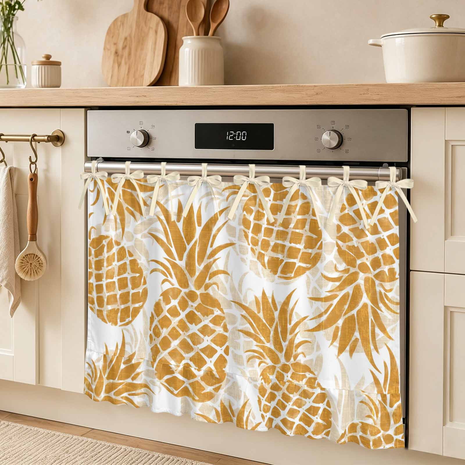 Gold Pineapple Oven Skirt Curtain Summer Country Vintage Tropical Botanical Fruits Tie Top Tier Curtains Stove Dishwasher Skirt Small Window Drapes for Kitchen Bathroom Cafe 32 x24