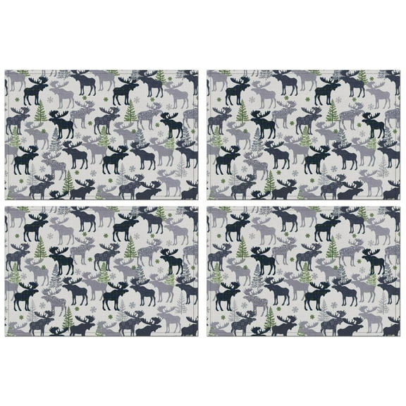 Christmas Placemats Set of 4, 12x17 Inch Waterproof Vinyl Mats - Wipeable Table Mats with Snowflake Deer Design for Holiday Dining Decor
