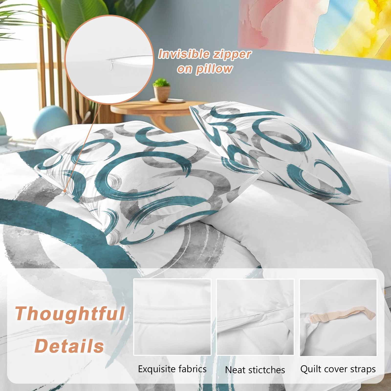 Turquoise Grey Bedding 3 Piece Duvet Cover Set California King, Geometric Circle Modern Abstract Simple Art Soft Microfiber Comforter Cover with Zipper Closure & Pillowcases, Quilt Cover