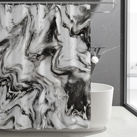 Black and White Shower Curtain, Abstract Marble Shower Curtain for Modern Bathroom Decor, Waterproof Fabric Shower Curtain Set with Hooks, 72 x 72