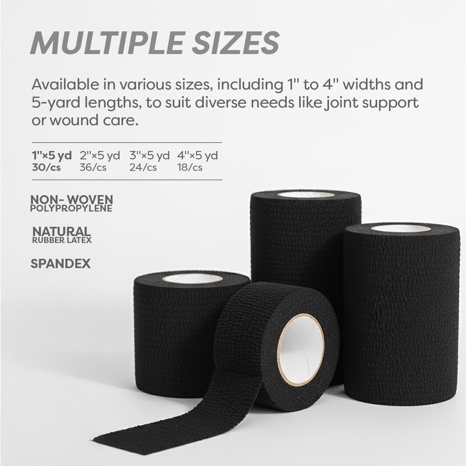Dynarex Sensi-Wrap Self-Adhesive Bandages, 30-Pack, 1" x 5 yards, Black, Latex, Colored Elastic Cohesive Athletic Tape, Tattoo Grip & Vet Wrap