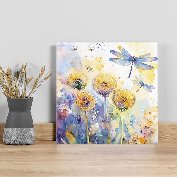 Blue Yellow Dragonfly Wall Art Painting on Canvas, Watercolor Spring Flowers Canvas Art Home Prints Wall Art Framed Modern Artwork for Living Room Bedroom Wall Decor 8x8in
