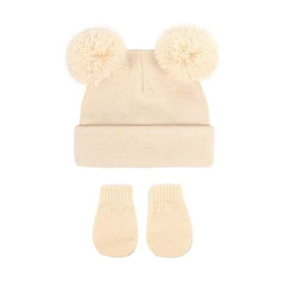 Baby Hat and Mittens Set, Knitted Winter Beanie with Double Pompoms, Newborn Toddler Ear Flap Hat, Soft Stretch Baby Winter Set for Boys and Girls, Infant Cold Weather Set Bronze