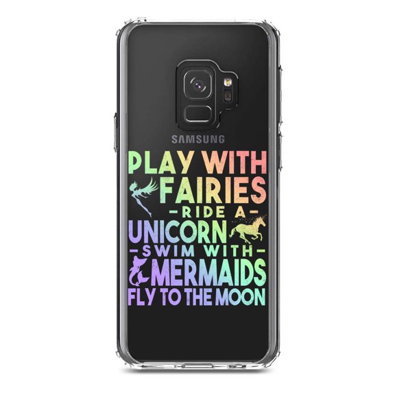 DistinctInk Clear Shockproof Hybrid Case for Samsung Galaxy S9 (5.8" Screen) - TPU Bumper Acrylic Back Tempered Glass Screen Protector - Play With Fairs Ride Unicorn Mermaids Moon