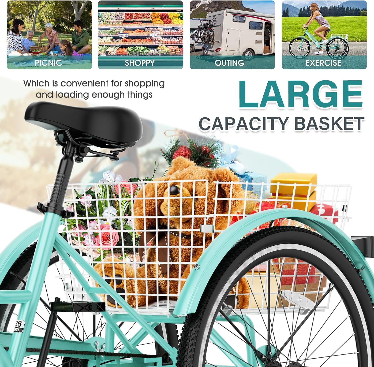 Lilypelle Mountain Tricycle for Adults, MTB 7 Speed Three Wheel Bike, 24/26/27.5 Inch Adults Trikes w/ Disc Brake & Cargo Basket for Women, Men, Seniors