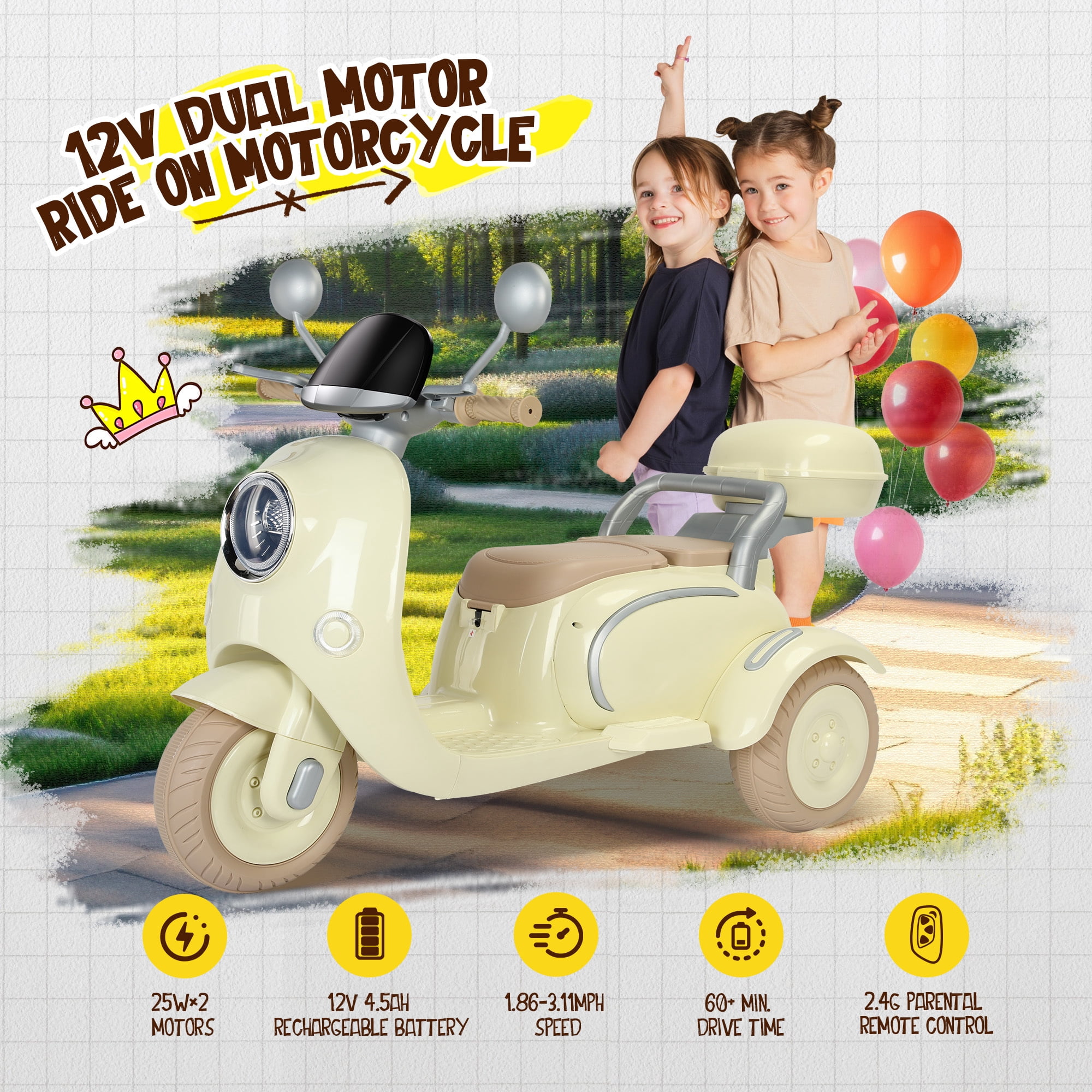 Letsgokid 2 Seater Electric Motorcycle, 12V Ride On Motorcycle with USB, Music, Bluetooth, Light, Big Storage Box, Motorcycle for Kids 3+