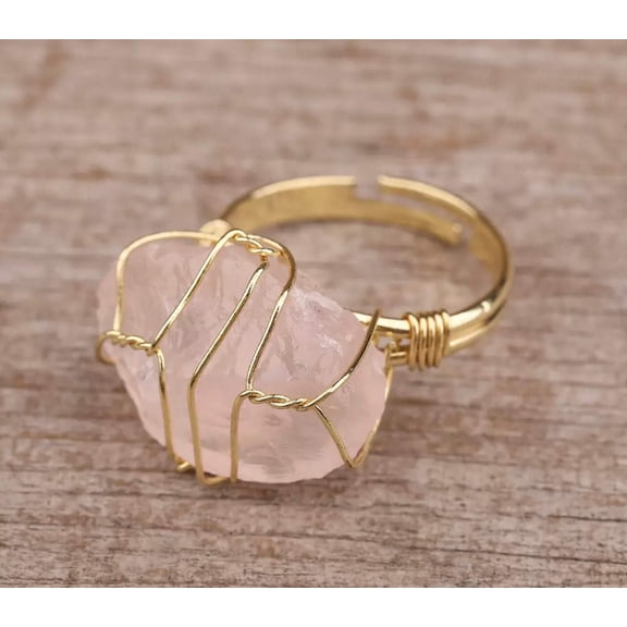 Raw healing stone rings wire wrapped - Adjustable gold ring