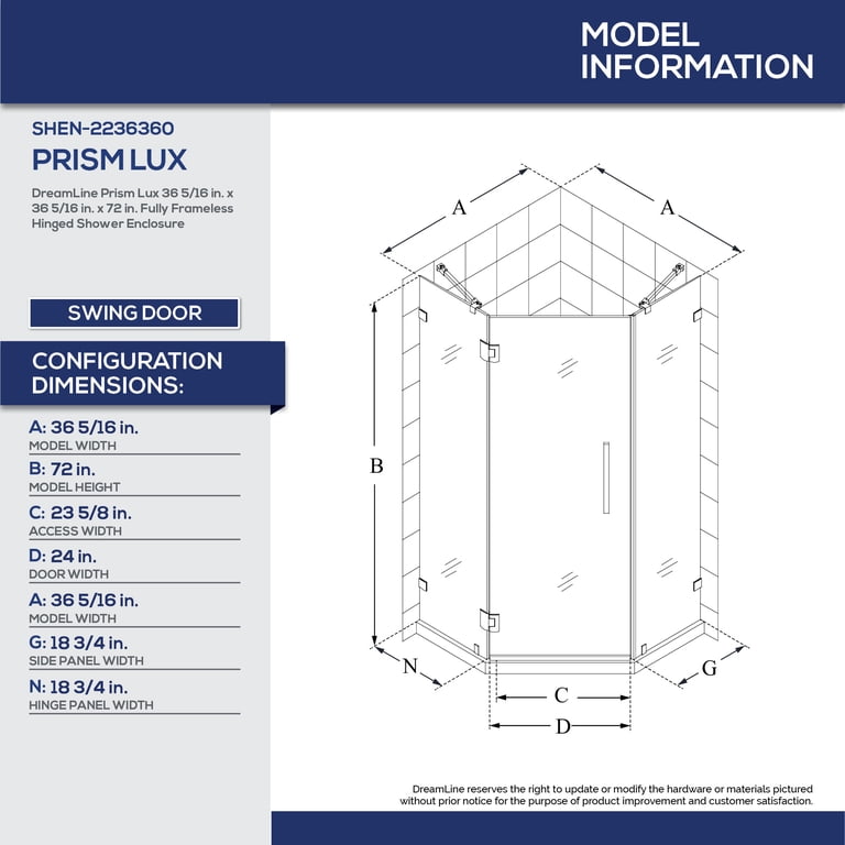 DreamLine Prism Lux 36 5/16 in. x 72 in. Fully Frameless Neo-Angle