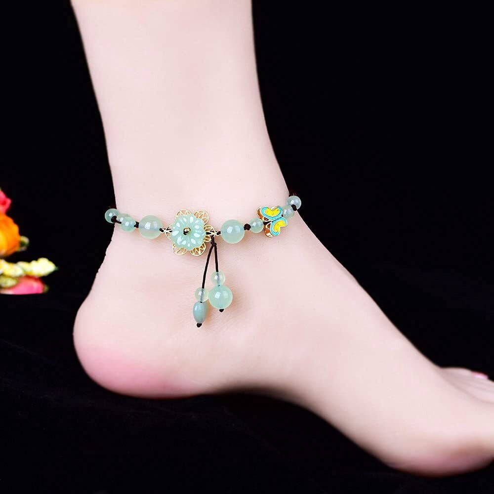 Adjustable Green Jade Flower Bracelet Anklet Jewellery Amulet Women Luck Bangle