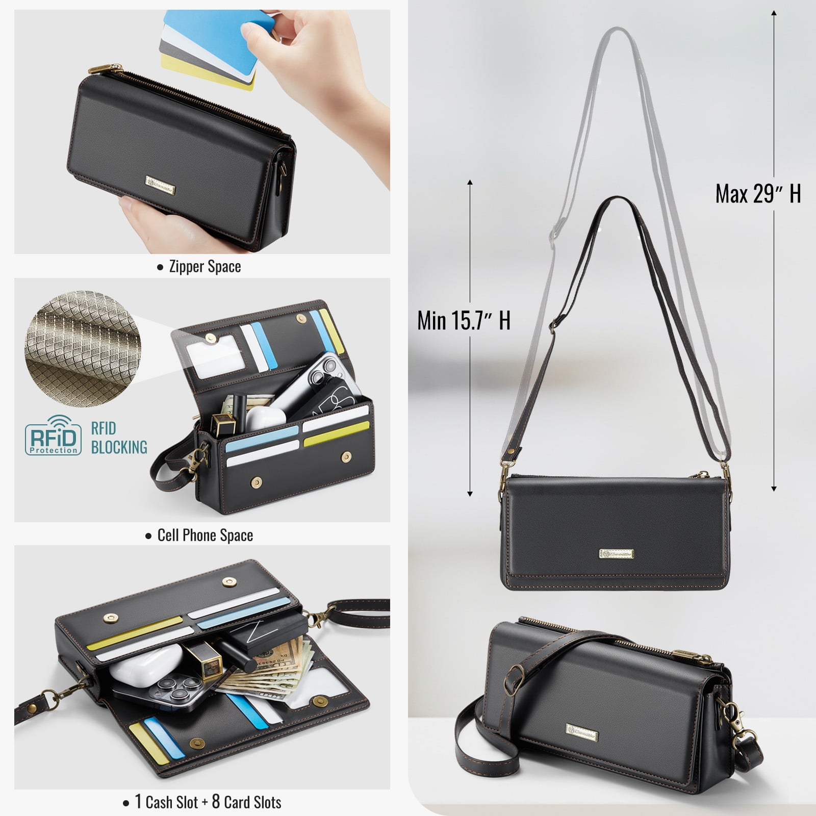 CaseMe Fashion Small Crossbody Bag for Women,Cell Phone Purse Women's Shoulder Handbags Wallet Purse with RFID Blocking Credit Card Slots Zip Small Crossbody Bag Wrist strap/Shoulder strap - Black