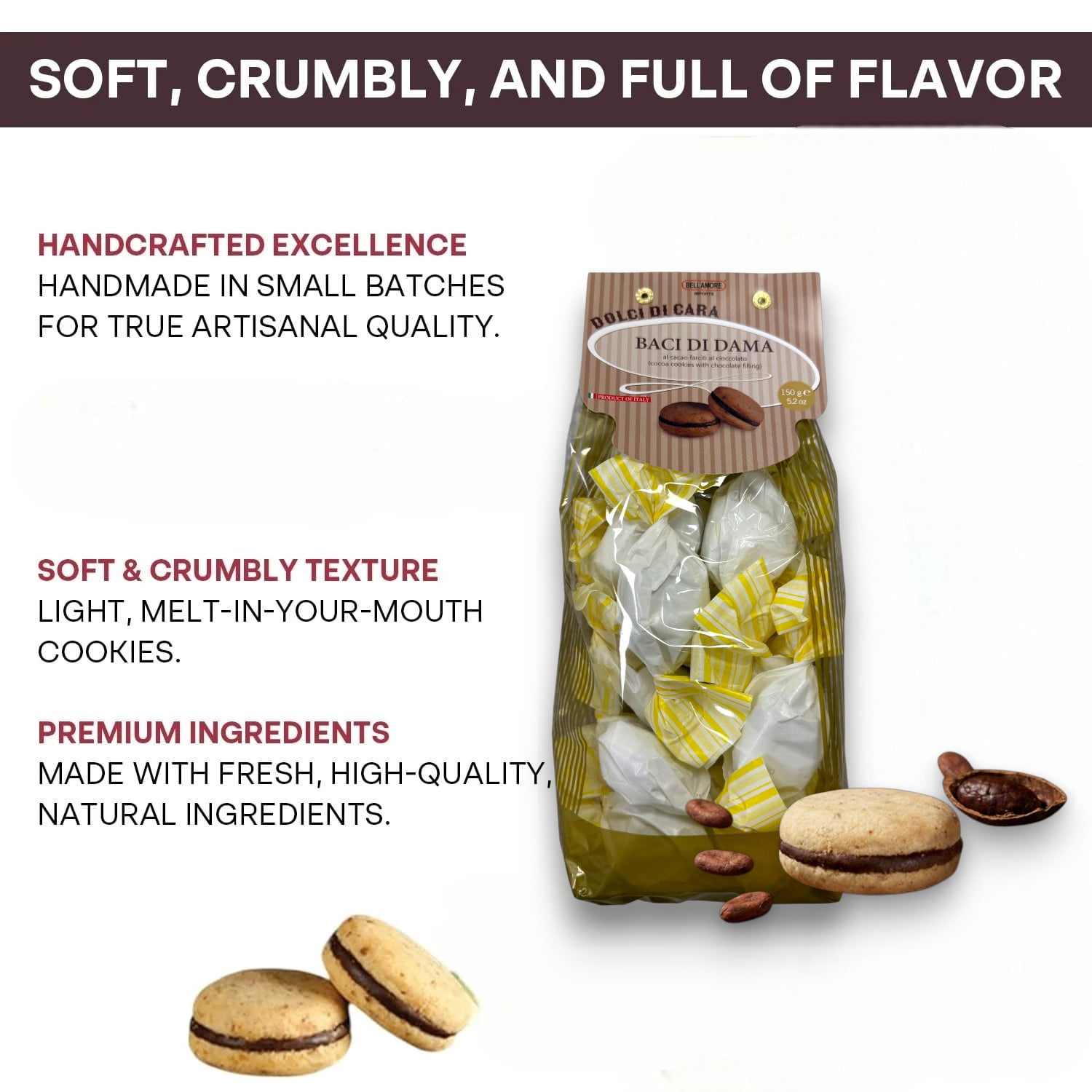 Italian Amaretti Cookies, Cocoa Cookies Filled with Rich Chocolate Cream, 300g (2 x 150g bags), Made in Italy - Baci Di Dama