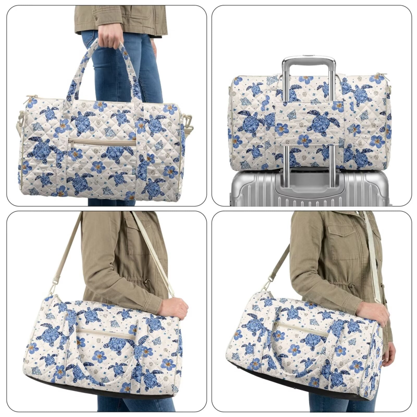 Garronmavis Large Quilted Duffle Bag for Women, Sea Turtle Floral Weekender Bag Travel Overnight Bag, Carry On Gym Dance Tote with Luggage Sleeve