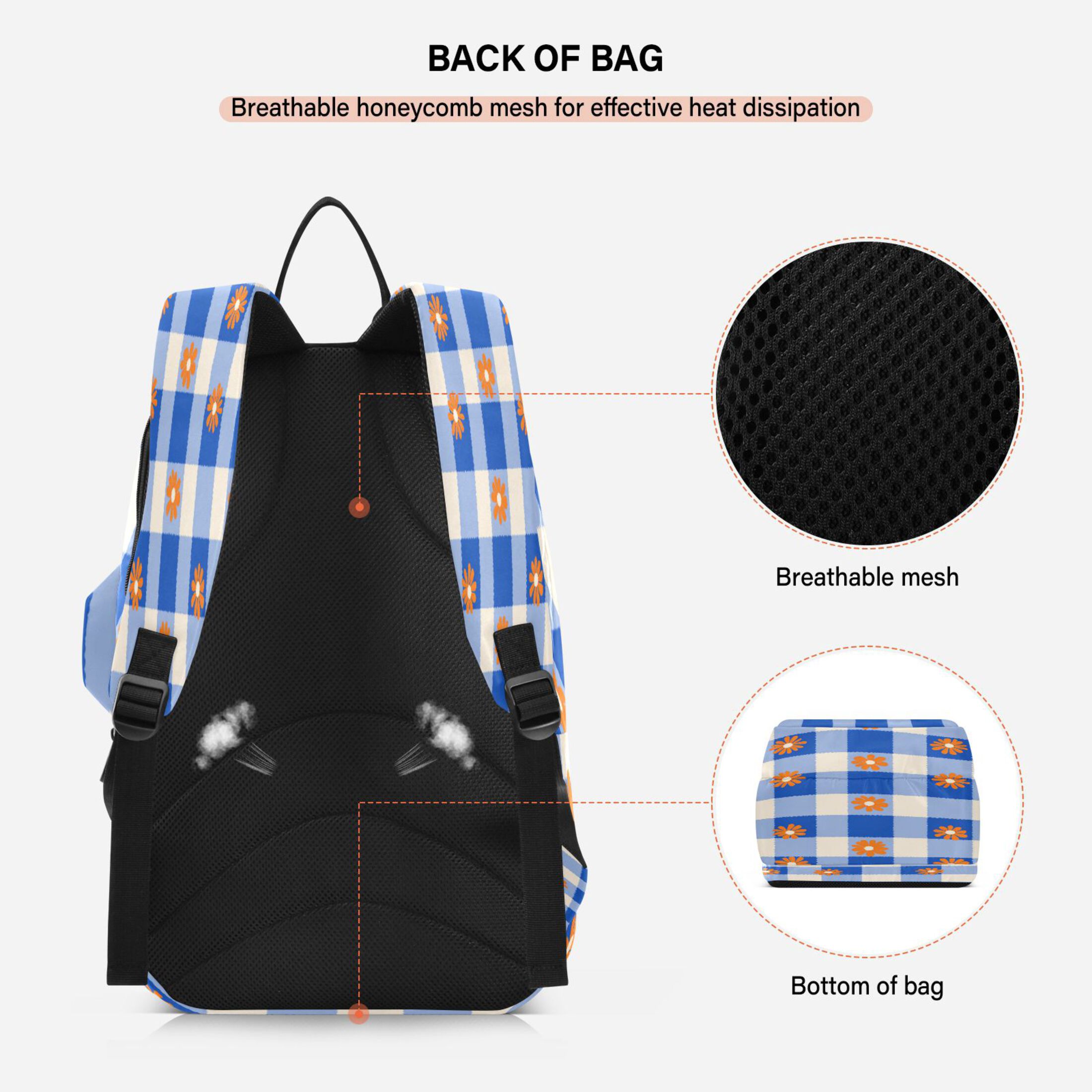 2 Racquet Holder Tennis Backpack Tennis Racket Covers Gym Bags Orange Flowers on Checkered Pattern