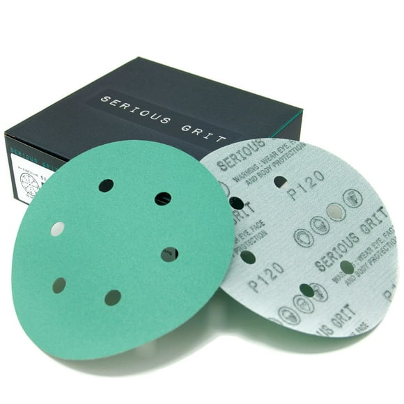 Serious Grit - 6-Inch 6-Hole 120 Grit Sanding Discs - Heavy-Duty Hook & Loop Film Discs - Sandpaper for Random Orbital Sanders - 50 Pack Box
