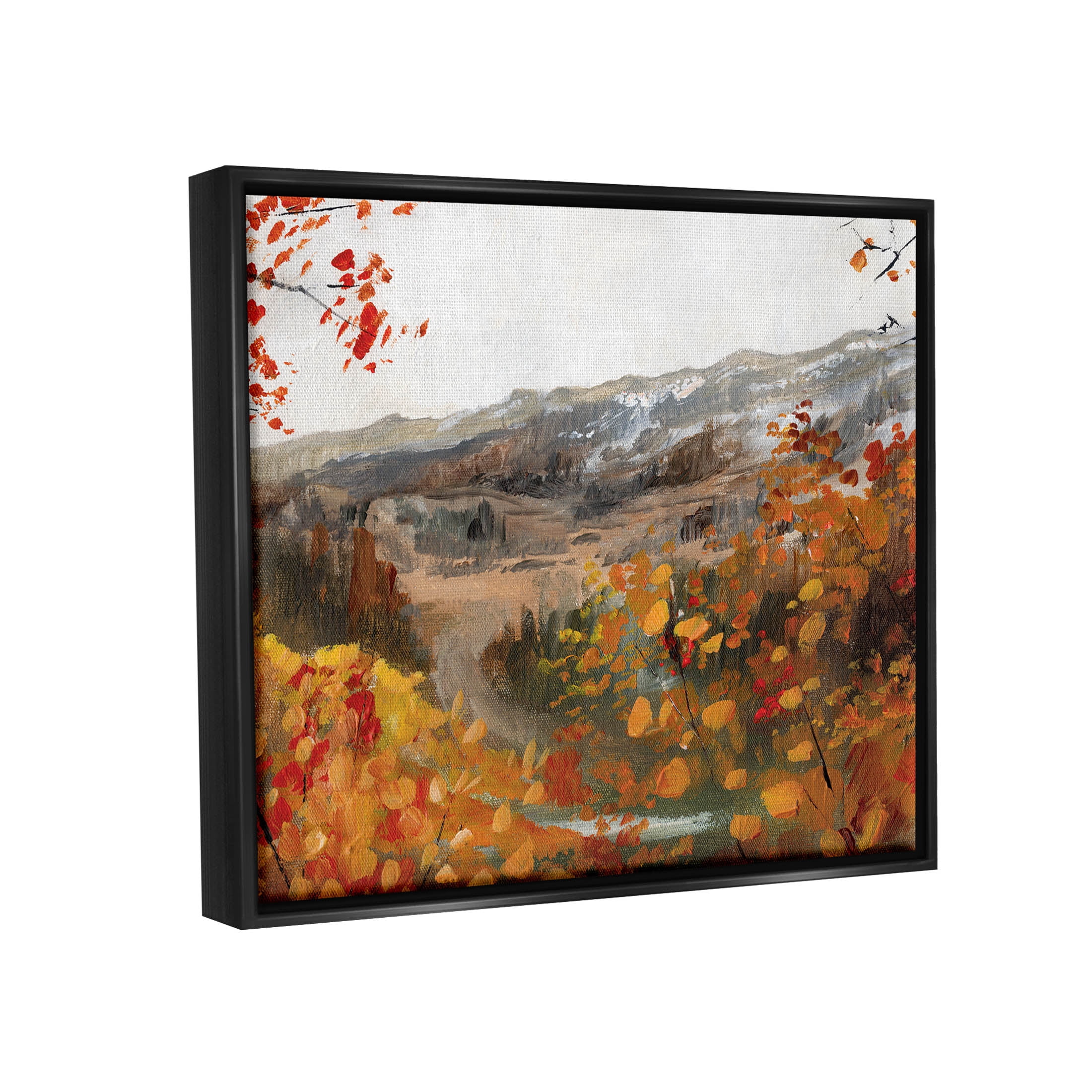 Autumn Foliage Mountain Scene Landscape Painting Jet Black Framed Art Print Wall Art