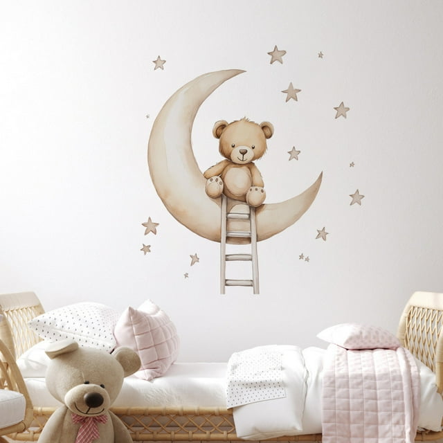 Adhesivos de pared bonitos con forma de oso y luna para decoración de habitación infantil, 30 x 90 c
