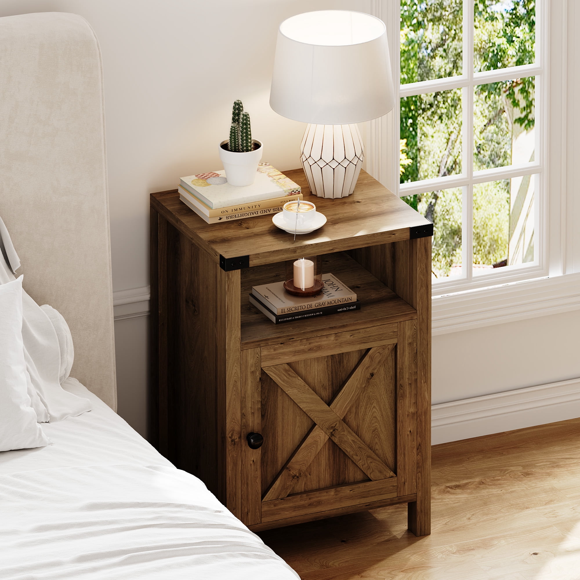4 EVER WINNER Farmhouse Single Barn Door Side Table, Rustic Oak Storage End Table, Industrial Accent Table for Living Room Areas