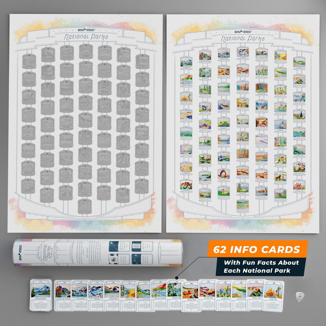 and Gift Tube Scratch Tool Detailed National Parks Map with Hand-Painted Images Newverest US National Parks Scratch-off Poster Fits 17 x 24 Inch Frames Includes 62 Info Cards Microfiber Cloth 