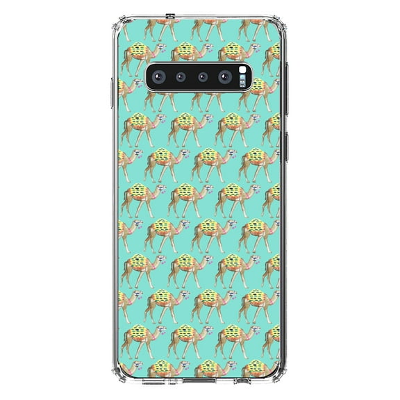 DistinctInk Clear Shockproof Hybrid Case for Samsung Galaxy S10 (6.1" Screen) - TPU Bumper, Acrylic Back, Tempered Glass Screen Protector - Preppy Pattern - Camels on Teal Background