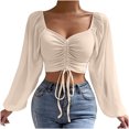 thumbnail image 2 of Pincandy Women's Long Sleeve Mesh Solid Color Drawstring V-Neck Cropped Top Blouse,Khaki,2XL, 2 of 9