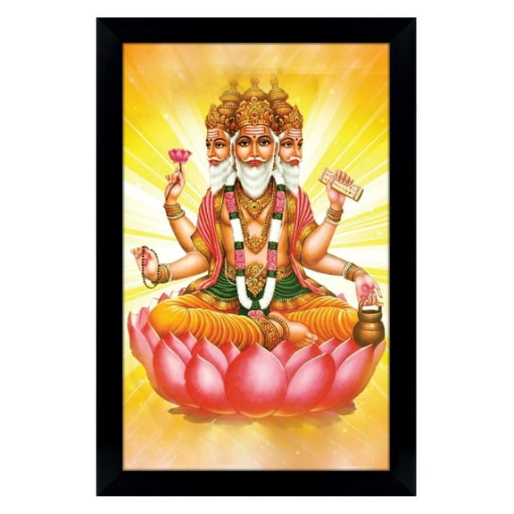 IBA Indianbeautifulart Lord Brahma On Lotus Picture Frame Religious Poster With Frame Black Wall Frame Elephant God Photo Frame Wall Decor For Home/ Office/ Temple