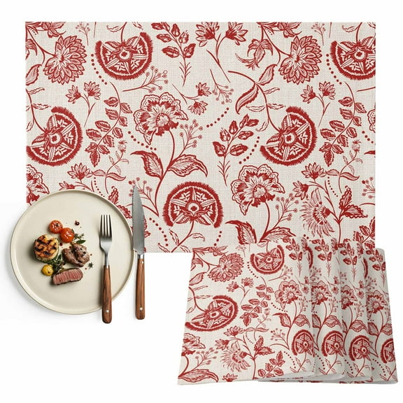 Red Chinoiserie Floral Placemats Set of 2, Vintage Farmhouse Cottagecore Table Mats Washable Heat-Resistant Non-Slip Place Mats for Kitchen Dinner Table Indoor Outdoor Decor,13x19 Inch
