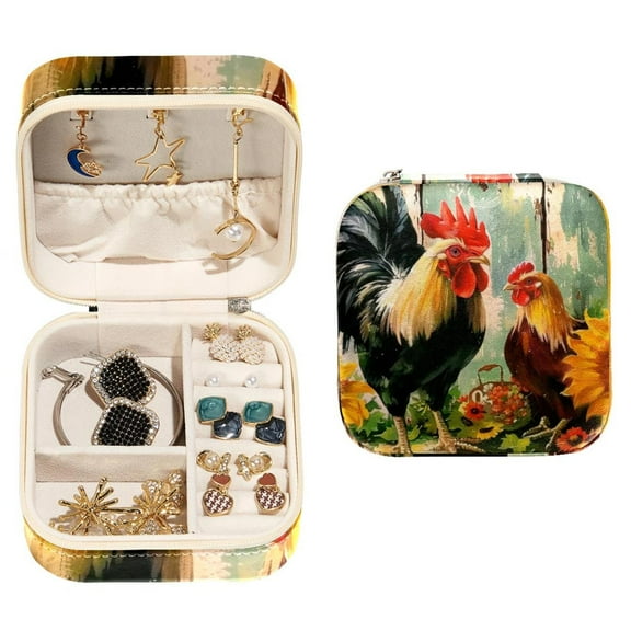 PhooArto Small Jewellery Box, Farmhouse Sunflower Rooster Hens Portable Travel Mini Jewelry Case for Women Leather Ring Organizer