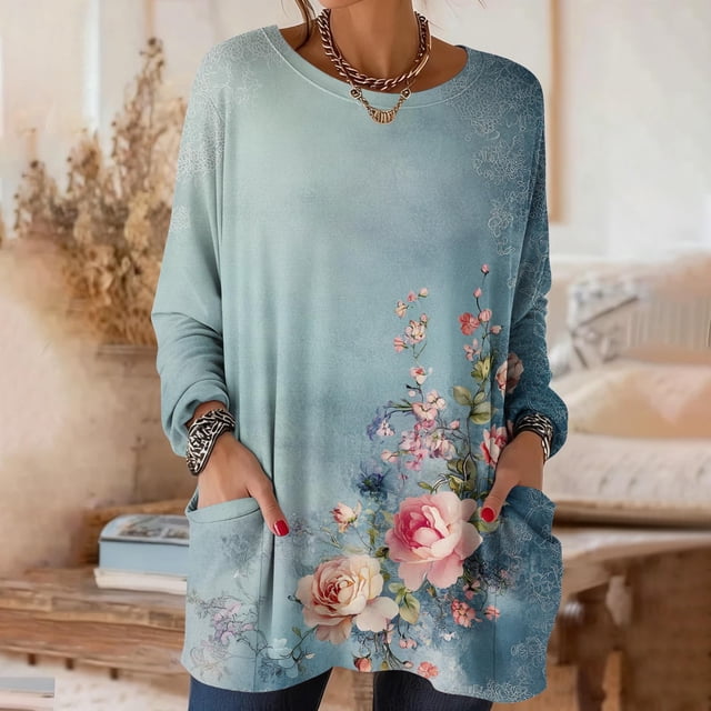 TaTaai Women’s Casual Round Neck Vintage Print Long Sleeve Blouse With Pockets Loose Fit Solid Base T Shirts Soft Polyester Daily Holiday Travel Top Gift