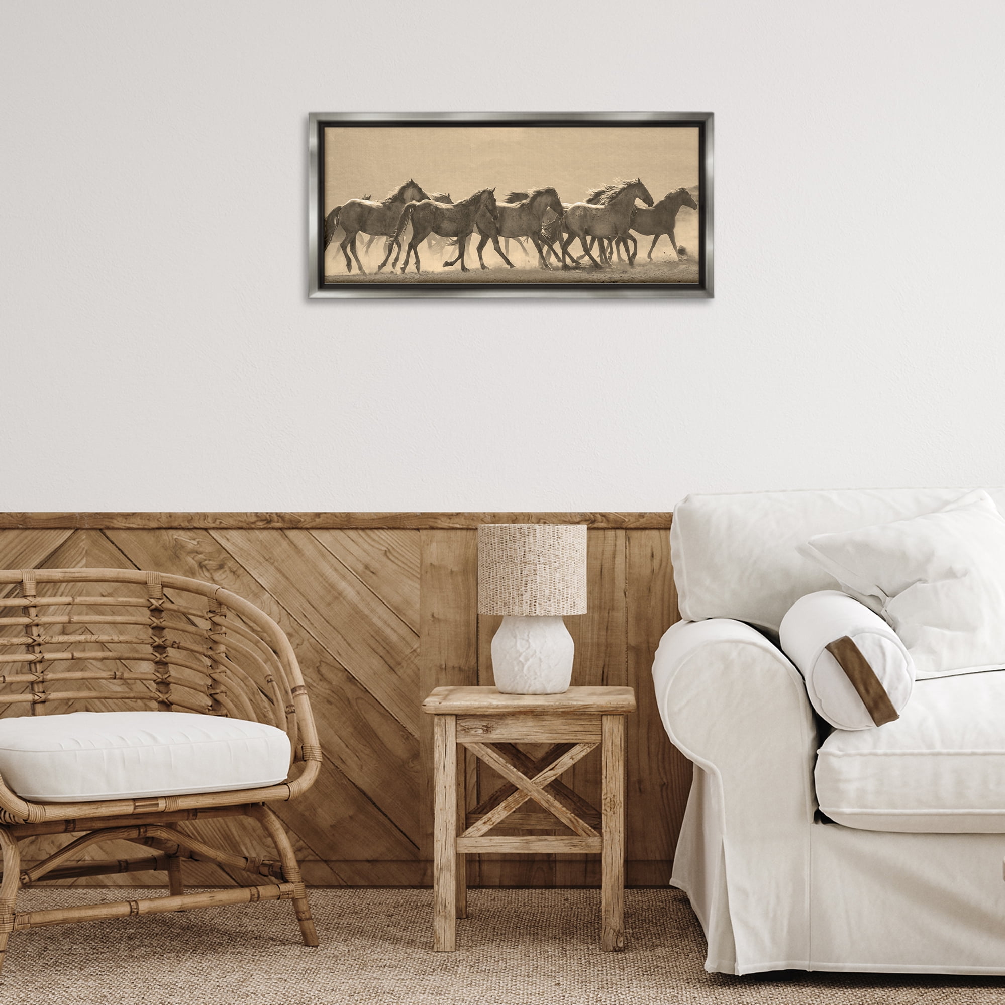 Stupell Industries Western Horses Gallop Animals Photography Gray Floater Framed Canvas Art Print Wall Art, 25 x 11
