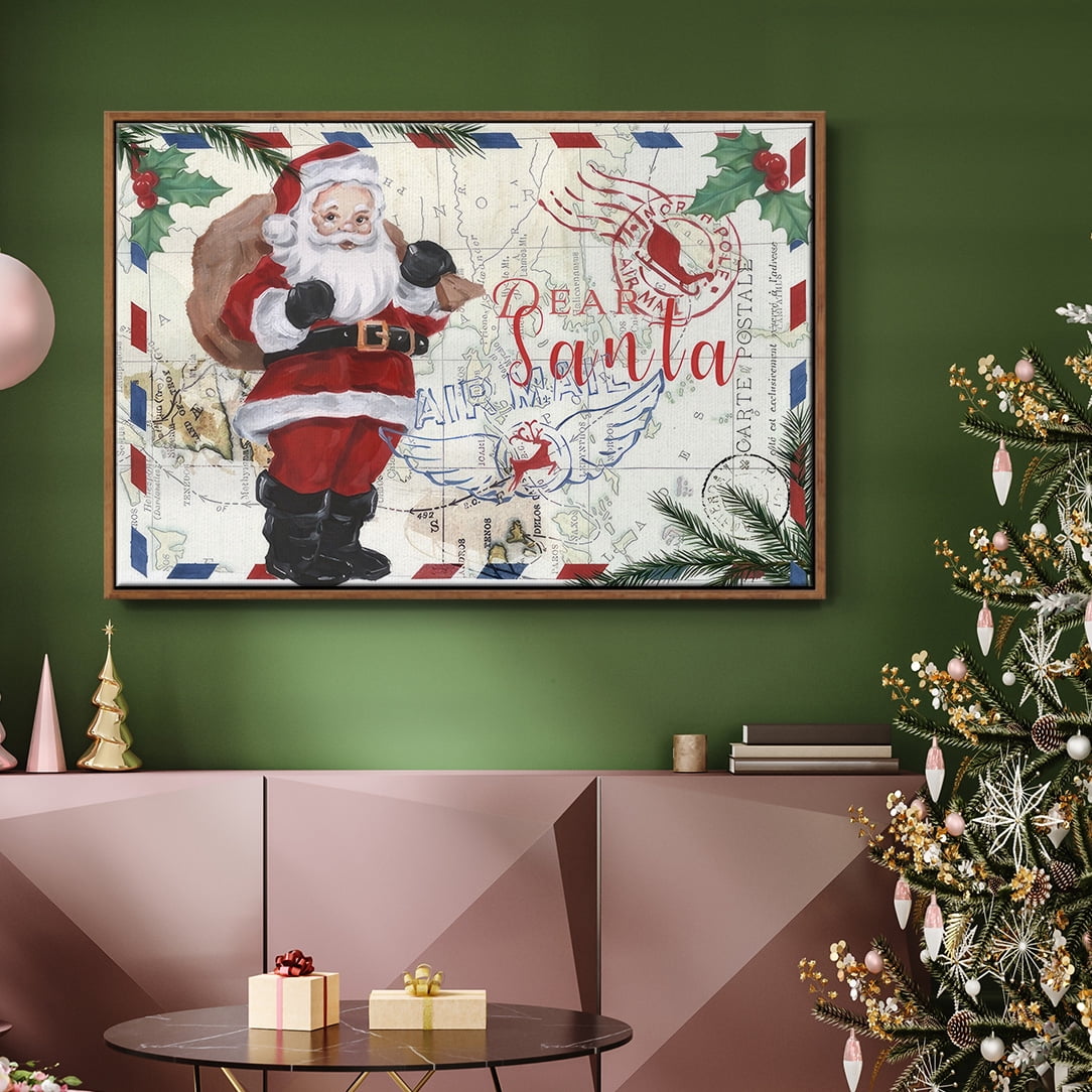 Christmas Par Avion Collection A - Framed Gallery Wrapped Holiday Canvas - 17 x 25 - Rosewood Frame