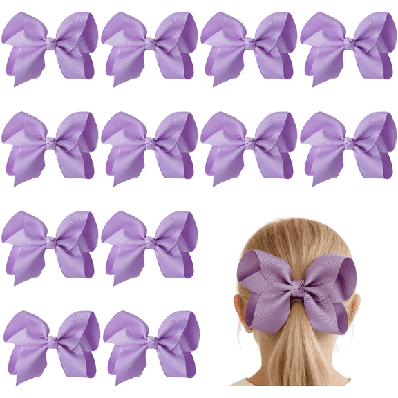 JoyBowie 12Pcs 6Inch Large Purple Hair Bows, Grosgrain Ribbon Alligator Clips for Girls