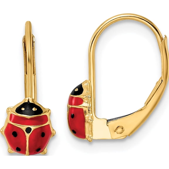 14K Yellow Gold Polished Enameled Ladybug Leverback Earrings (14.5 X 12) Made In Italy ye2087