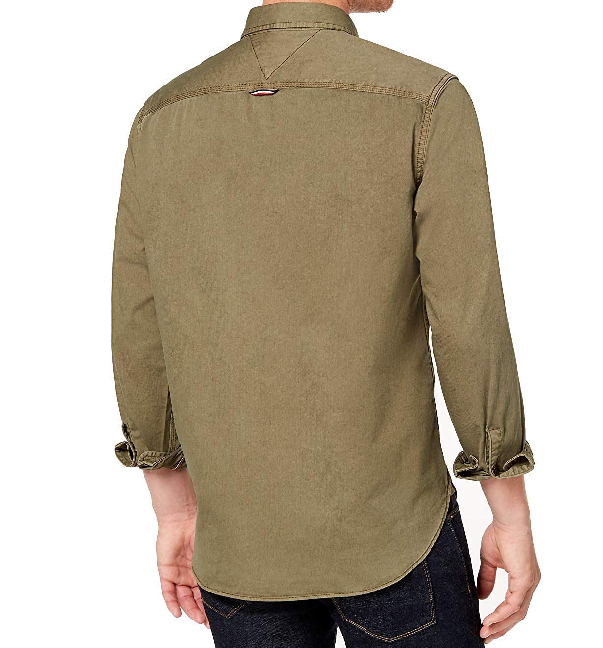 TOMMY HILFIGER Shirt Men’s Military Green Double Pocket Custom Fit Long Sleeve