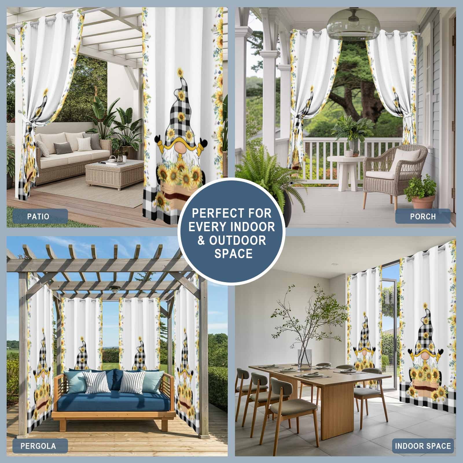 1 Panel Outdoor Curtains for Patio Waterproof 54"x108" Sunflower Gnomes Weatherproof Privacy Outsides Curtains, Yellow Summer Botanical Farmhouse Grommet Thermal Drapes for Cabana Porch Pergola