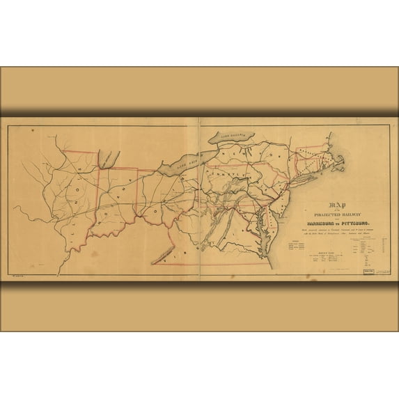 24"x36" Gallery Poster, Map of railroad Harrisburg to Pittsburgh 1840