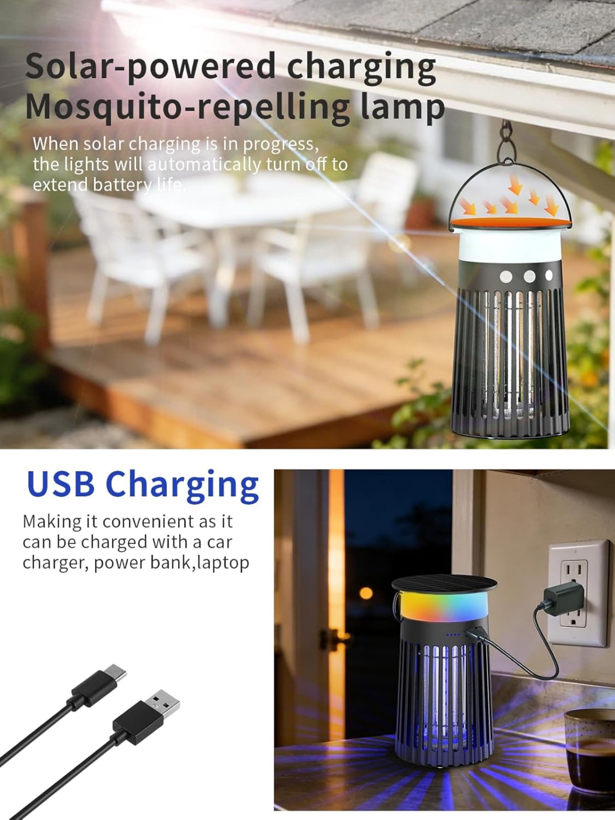 AENKYO Solar Bug Zapper: 4200V Electric Mosquito Killer, USB-C Rechargeable Fly Trap, 2100 sq.ft Coverage