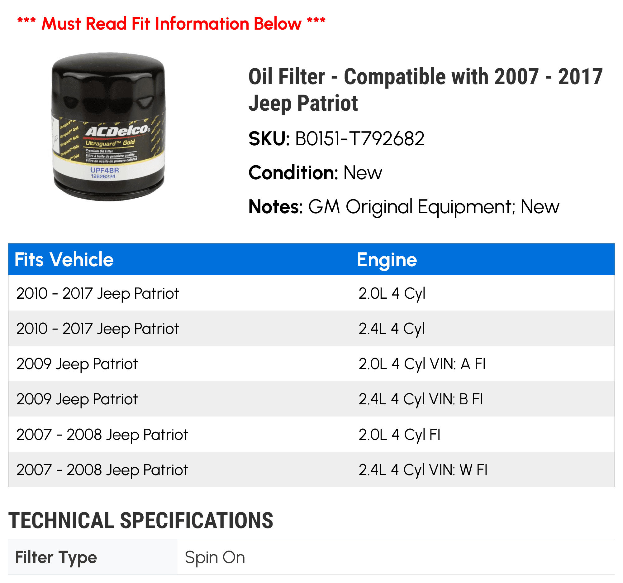 Oil Filter - Compatible with 2007 - 2017 Jeep Patriot 2008 2009 2010 2011 2012 2013 2014 2015 2016