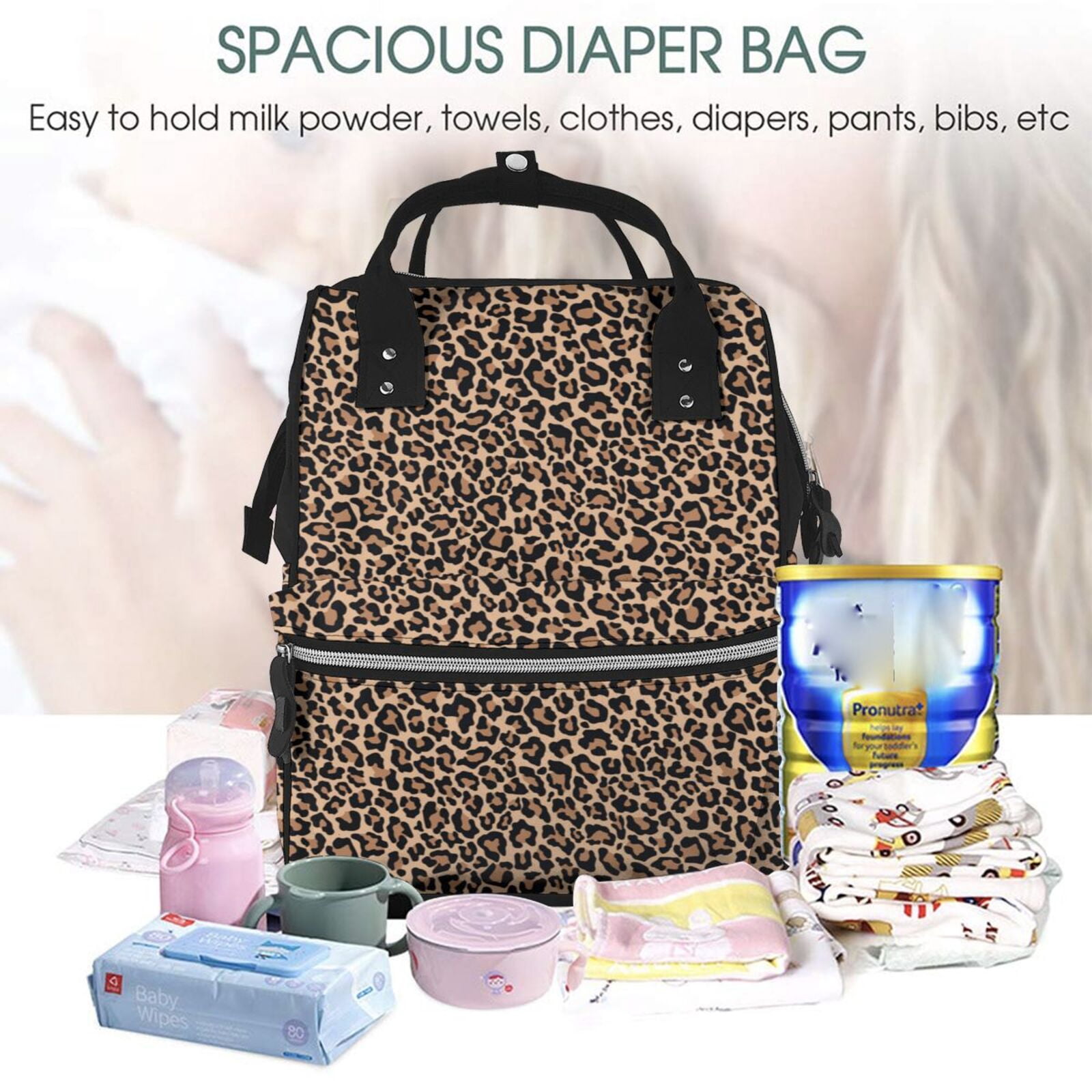 Fuzoiu Brown Leopard Print Diaper Bag Backpack,Baby Essentials Travel Tote,Multi function Waterproof Diaper Bag, Travel Essentials Baby Bag - Unisex