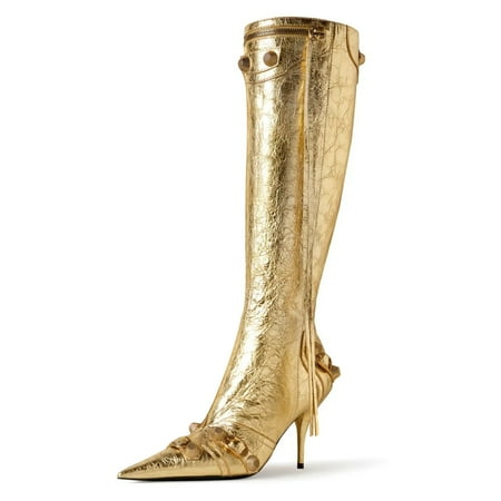 

FSJ Women Sexy Stiletto Heel Knee-High Boots Pointed Toe Rivets Studded Tassel Fashion Boots Side Zipper Party Dressy Shoes Size 5 Gold