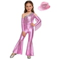 thumbnail image 2 of YiZYiF Girls Metallic Shiny Disco Hippie Jazz Dance Outfits Sequin Tassel Flare Jumpsuit with Hat Set Pink 12, 2 of 7