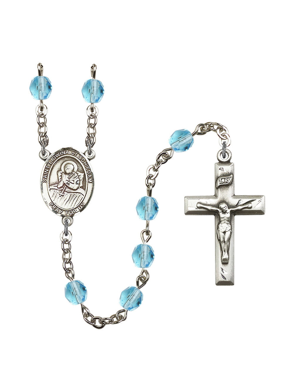 Gift Boxed Lidwina of Schiedam Center and 1 3/8 x 3/4 inch Crucifix Silver Finish St St Lidwina of Schiedam Rosary with 6mm Zircon Color Fire Polished Beads