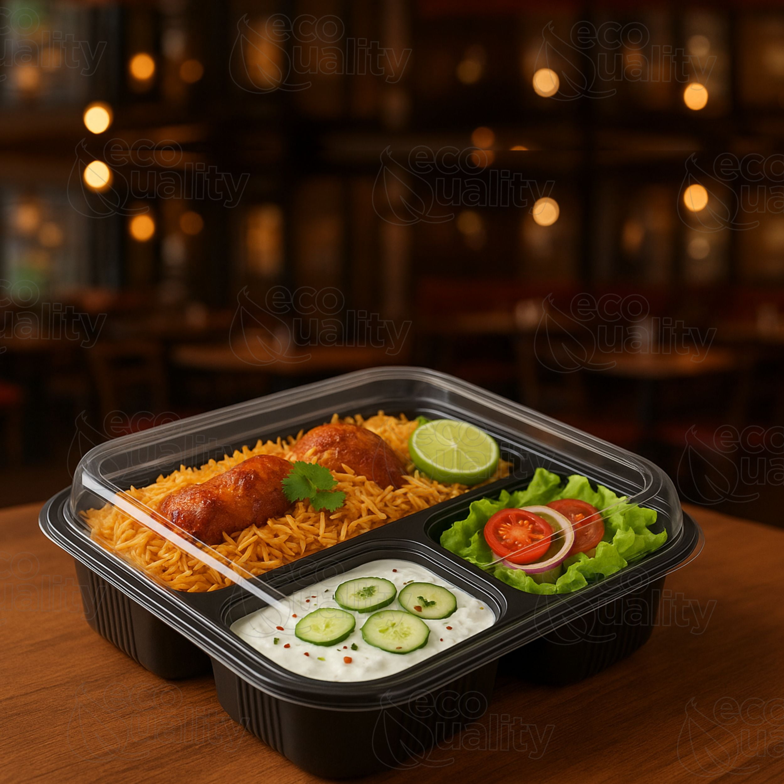 EcoQuality 36oz 8" 3 Compartment Square Black Container with Clear Dome Lid, Reusable Bento Box, Food Storage Containers | BPA Free | Stackable | Lunch Boxes, Microwave/Dishwasher/Freezer Safe (25)