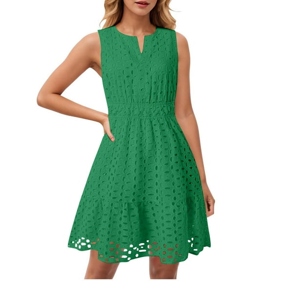 Youyipin Womens Summer dresses Short Dress V Neck Short Sleeve A Line Wear To Work Hollow Out Lace Ruffle Cute Casual Beach Party dresses for women