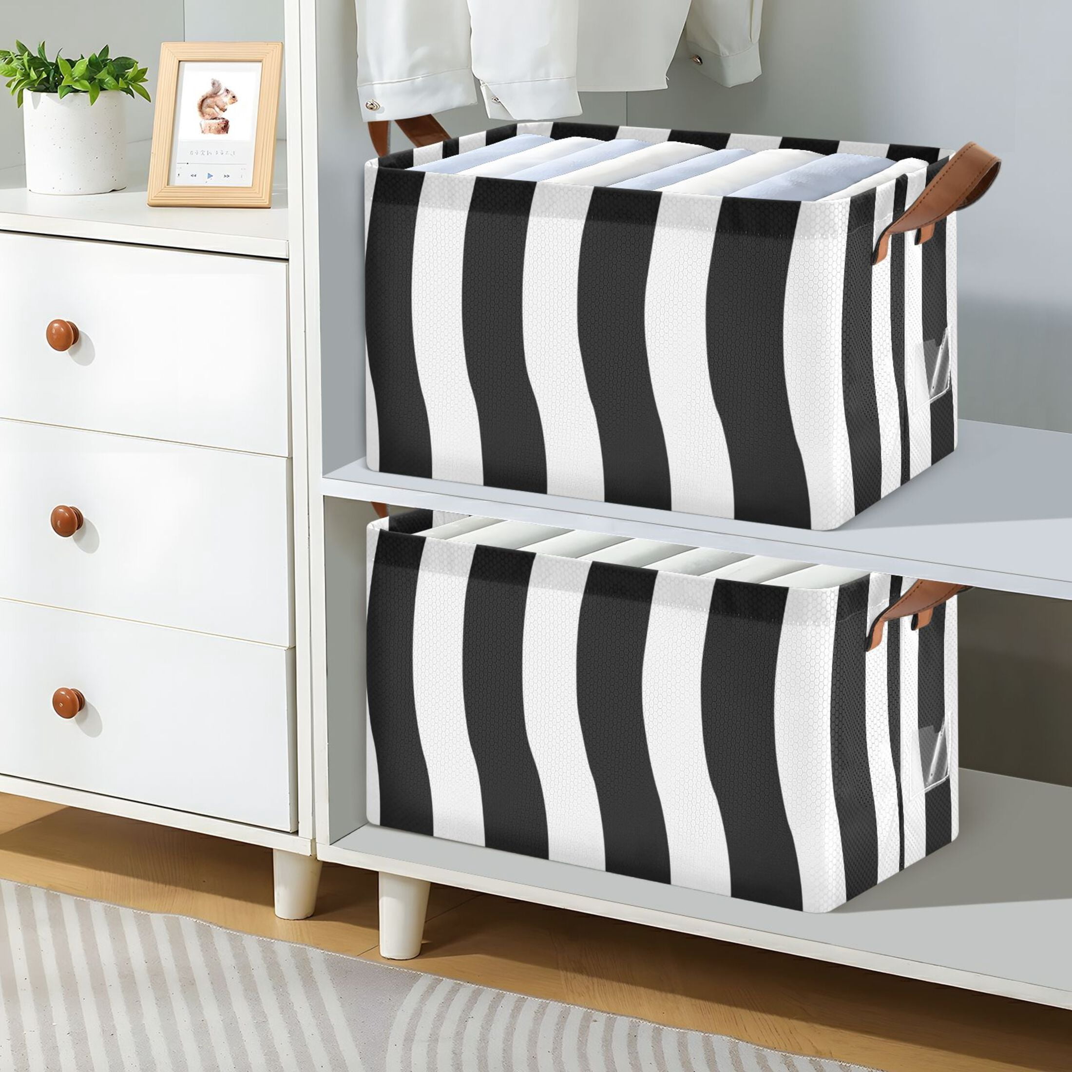 Ryvnso White with Black Line Stripe Storage Bins Large Basket Foldable Cube Toys Organizer with Handles 2 PCs