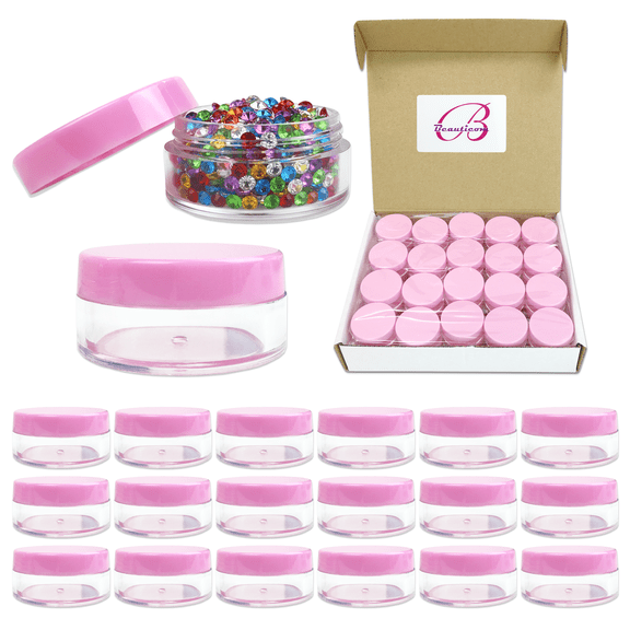 Beauticom 40 Pieces High Quality 10 Gram 10 ml (0.3 oz) Plastic Clear Round Cream Lotion Beauty Sample Jars with Pink Lids