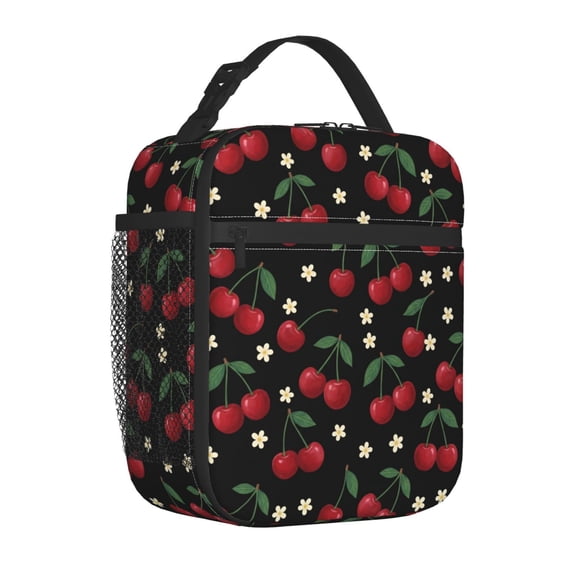 Cherries Lunch Bag Insulated Reusable Cooler Tote Portable Meal Prep Bag Side Mesh Pocket Work Office Picnic