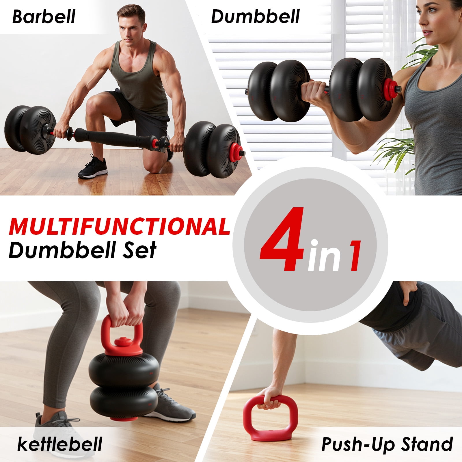 LIFERUN Adjustable Dumbbell Set, Soft PVC, 45lbs/67lbs Free Weight Set. 4-in-1: Barbell, Dumbbells, Kettlebell, Weight Plates,Red