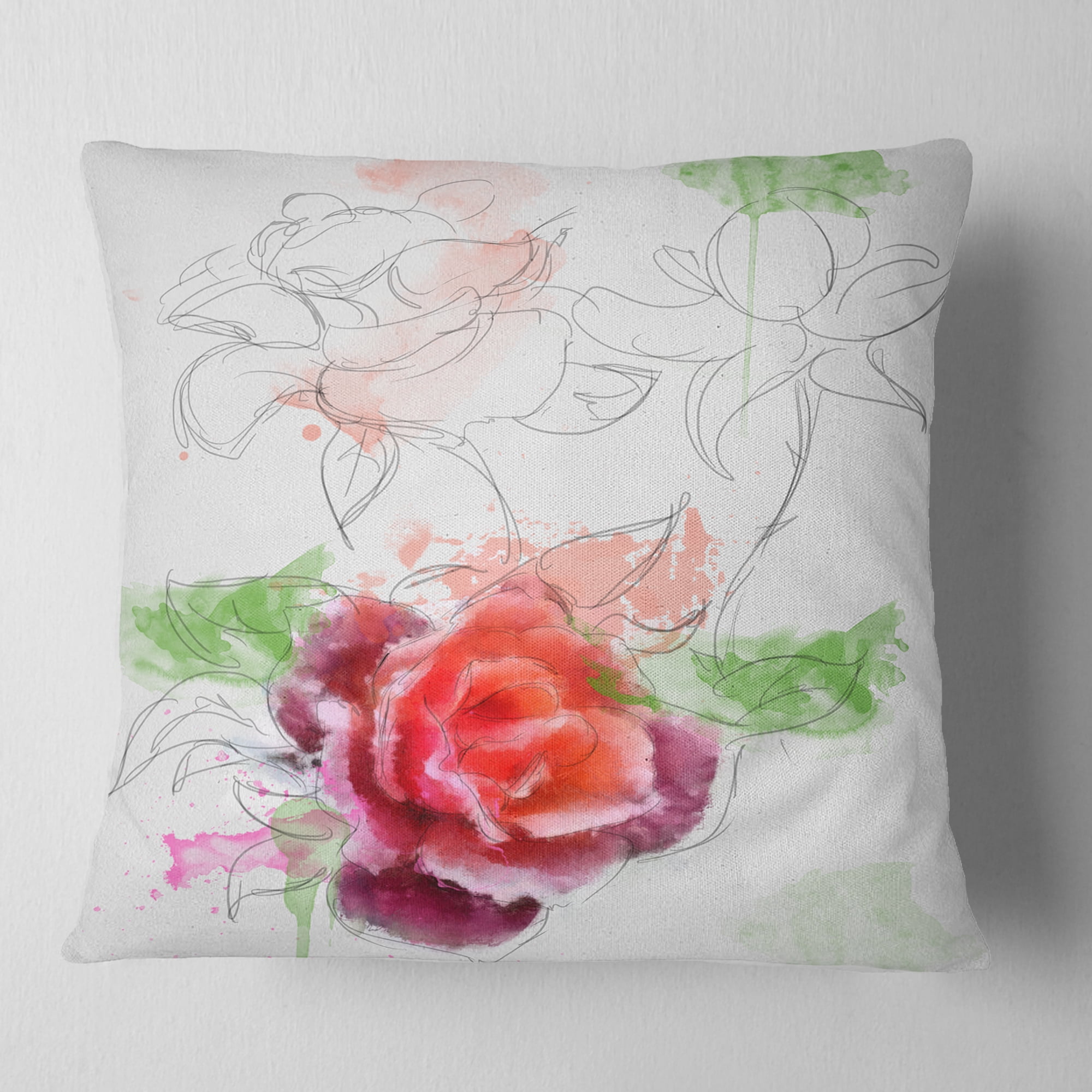 Designart Beautiful Rose with Rose Sketches - Floral Throw Pillow - 16x16