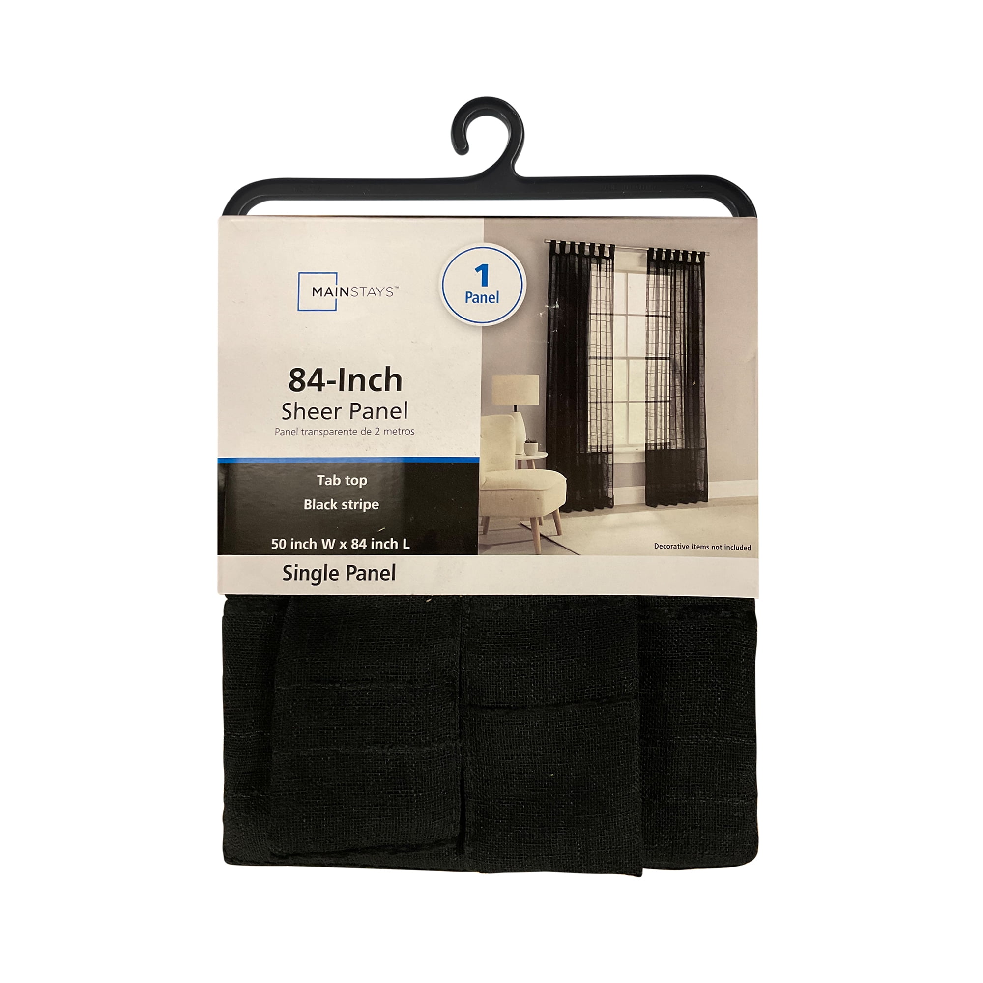 Mainstays Woven Stripe Sheer Tab Top Curtain, Single Panel, Black, 50" W x 84" L