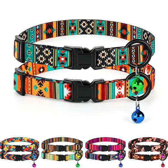 GASTROPOD Cat Collars 2 Pack - Soft Cute Breakaway Collar with Bell, Adjustable Safety Kitten Collars for Girl & Boy Cats – Comfortable Stylish Patterned Print Lightweight (Tribal Southwest)